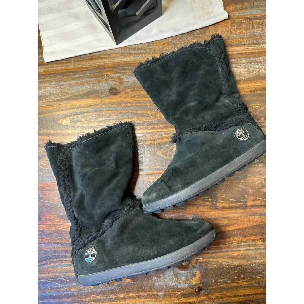 Timberland Womens Black Suede Faux Fur Lined Mid Calf Boots 61643 Size 8M